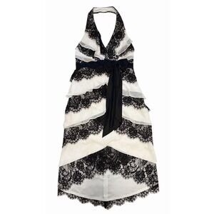 VTG Tadashi Shoji 10P Black‎ Eyelash Lace 100% Silk Cream Tiered Halter High/Low